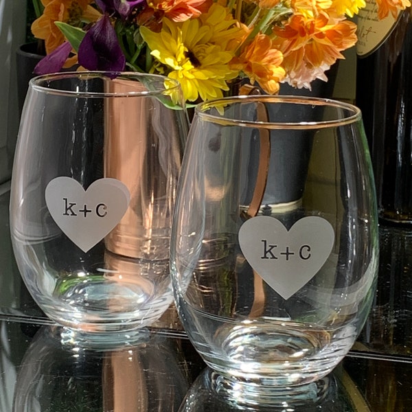 Wine Gift for couple | Forever stamped in my heart personalized Stemless Wine Glass | Custom Deep Etched Initials inside Frosted Heart