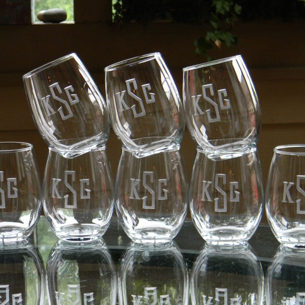 Set of 8 | 15 oz. or 21 oz. | Engraved Stemless Wine Glasses Personalized with Monogram | Housewarming Gift | Birthday Wine Gift  | Wedding