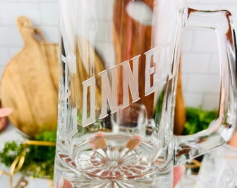 Hand Engraved Groomsman Mug Set Personalized with Name and Cut Leaf- 25 oz Beer Mug | 15 oz Beer Mug