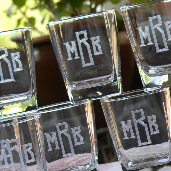 Set of 4 | Square On the Rocks Bar Glasses Engraved with Monogram