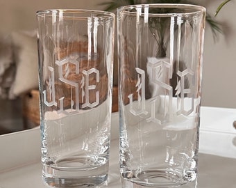 Set of 2 | Personalized Highball Tumbler Beverage Glasses Hand Engraved with Monogram | Gin and Tonic Glass | Iced Tea | Water Glass