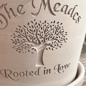 Rooted in Love Engraved Custom Carved Terra Cotta Flower Pot Planter White Granite Marble, Red, or Basalt Clay Tree of Life image 3