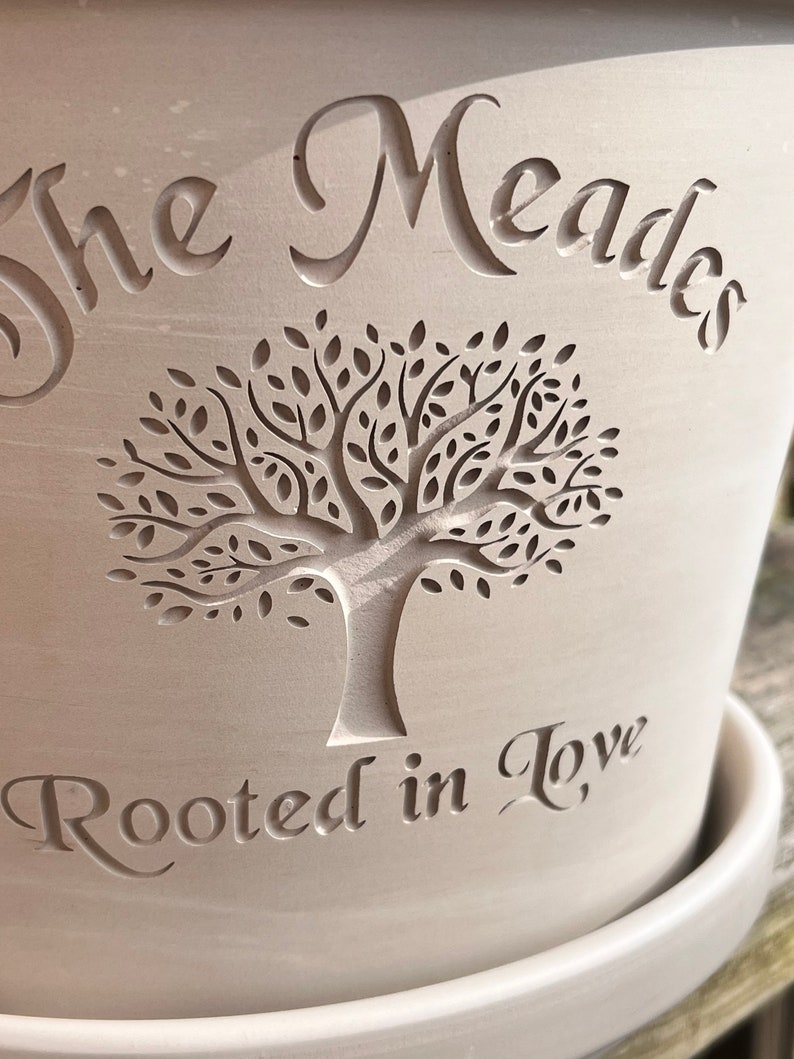 Rooted in Love Engraved Custom Carved Terra Cotta Flower Pot Planter White Granite Marble, Red, or Basalt Clay Tree of Life image 3