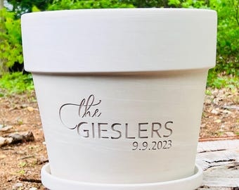 Engraved Clay Flower Pot (Deep Carved) : Custom Wedding Plant Gift
