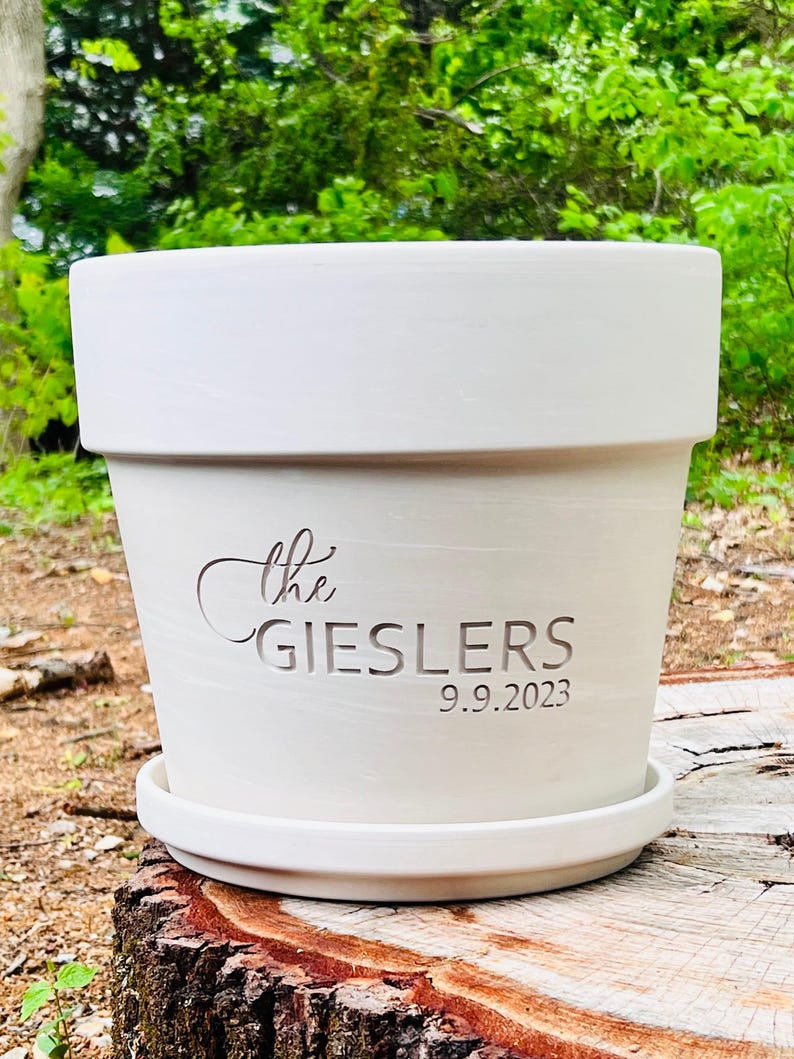 Engraved Clay Flower Pot (Deep Carved) : Custom Wedding Plant Gift