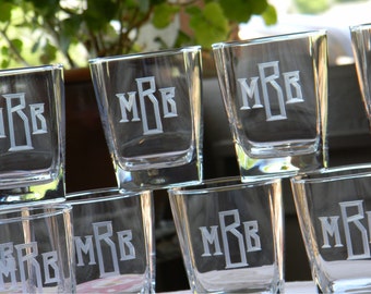 Personalized Square Whiskey Glasses Hand Engraved with Custom Monogram | Gift for Man | Wedding Groomsman Gift | Old Fashioned | Set of 6