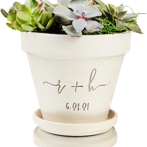 Mini Flowerpot Gift 4 inch White Granite Clay Flower Pot | Initials + Date Engraved | TerraCotta Planter | Perfect for succulent