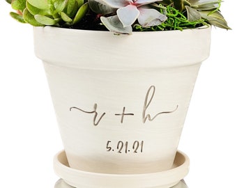 Mini Flowerpot Gift 4 inch White Granite Clay Flower Pot | Initials + Date Engraved | TerraCotta Planter | Perfect for succulent