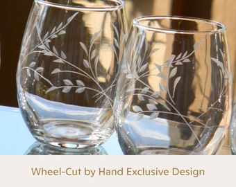 Stone Wheel Engraved | Hand Cut Stemless Wine Glasses with Leaf Wrap Design | Made to Order | Glass Engraving by Jennifer Exclusive