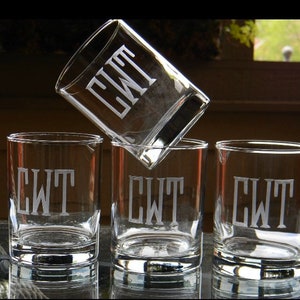 Set of 4 Double or Single Old Fashioned On the Rocks Whiskey Glasses Engraved with Initials or Monogram image 1