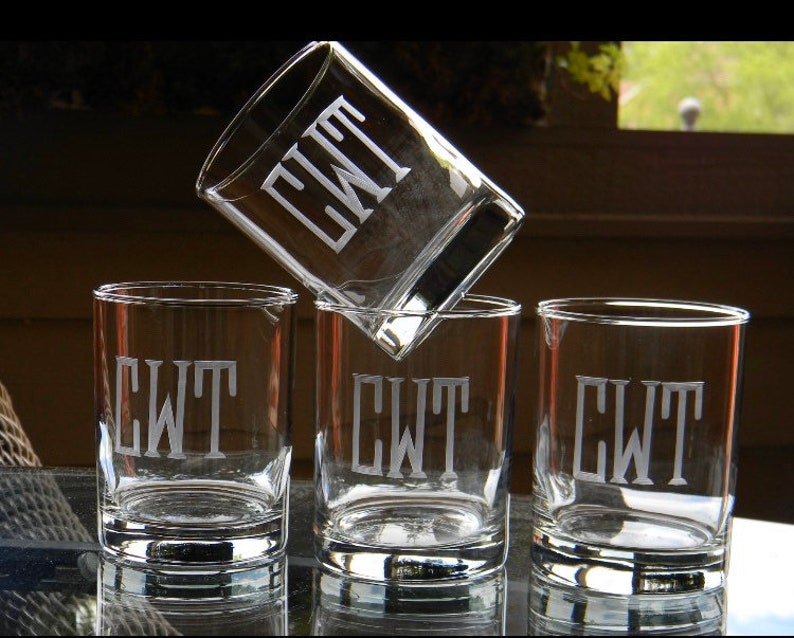 Set of 4 Double or Single Old Fashioned On the Rocks Whiskey Glasses Engraved with Initials or Monogram image 1