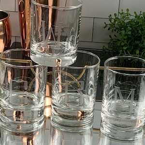 Personalized Set of Engraved Juice Whiskey Glasses with Custom Initials or Monogram
