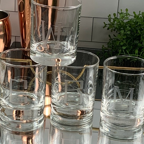 Set of 4 Personalized Juice / Whiskey Glasses Engraved with Initial(s) or Monogram | Hand-Cut Engraved