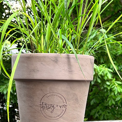 Custom Logo | Deep Etched Custom Clay Flower Pot | Engraved Flowerpot | Terra cotta Planter | White Granite Marble, Red, or Basalt Clay