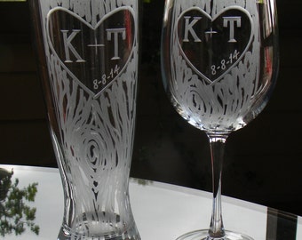 Mix and Match Wine and Pilsner Set with Carved Tree and custom initials