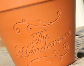 Etched Planter Custom Engraved - Carved Terra Cotta Flower Pot with Scrolls | New Home | Wedding | Gift for newly weds | Anniversary