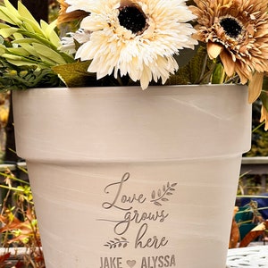 Wedding or Anniversary Gift Deep Etched Custom Clay Flower Pot Engraved Flowerpot Terra cotta Planter Love Grows Here Choose Color image 3