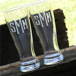 Set of 4 Monogrammed Beer Pilsner Glass with custom initials hand engraved to order. image 2