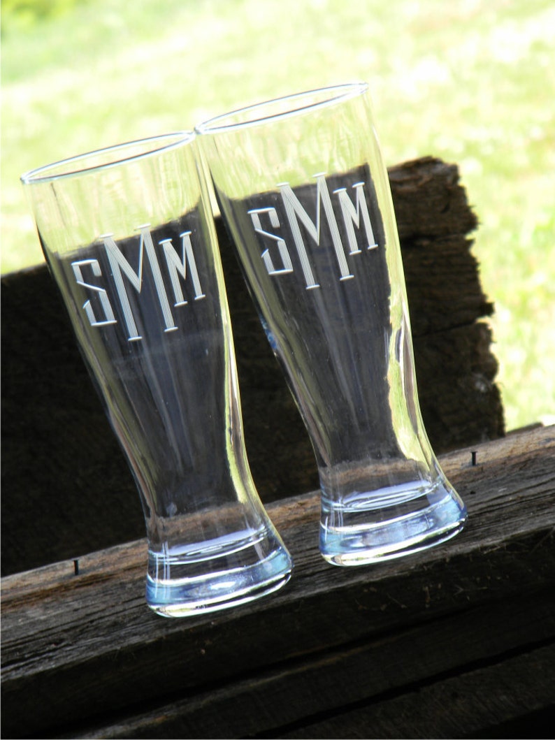 Set of 4 Monogrammed Beer Pilsner Glass with custom initials hand engraved to order. image 2
