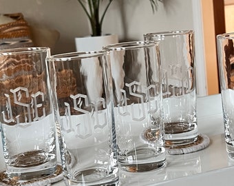 Set of 6 | Personalized Highball Tumbler Beverage Glasses Hand Engraved with Monogram | Gin and Tonic Glass | Iced Tea | Water Glass