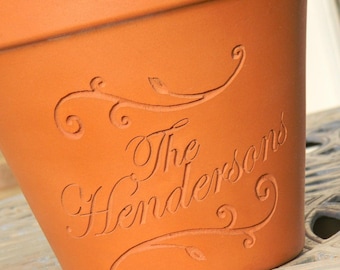 Etched Planter Custom Engraved - Carved Terra Cotta Flower Pot with Family Name Scrolls | New Home | Newly Weds Wedding Gift | Anniversary