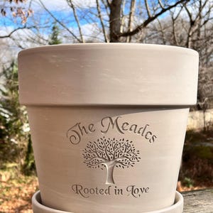 Rooted in Love | Engraved Custom Carved Terra Cotta Flower Pot | Planter | White Granite Marble Clay | Tree of Life
