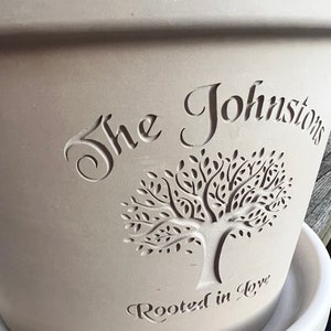 Rooted in Love Engraved Custom Carved Terra Cotta Flower Pot Planter White Granite Marble, Red, or Basalt Clay Tree of Life image 4