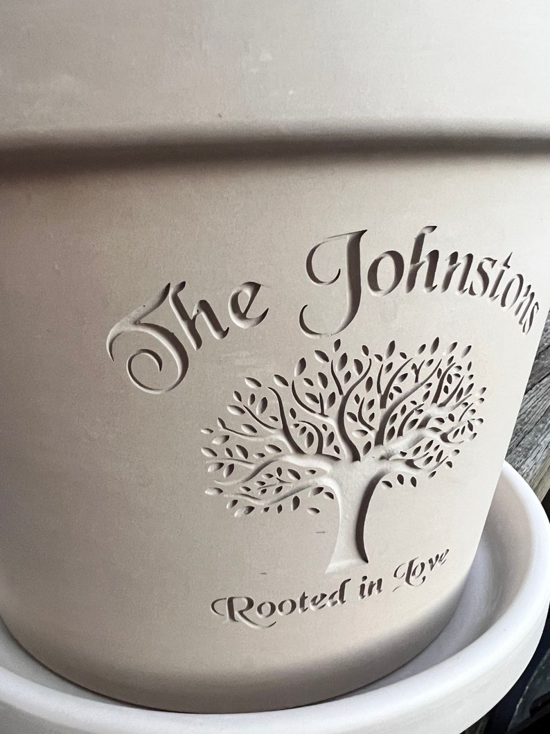 Rooted in Love Engraved Custom Carved Terra Cotta Flower Pot Planter White Granite Marble, Red, or Basalt Clay Tree of Life image 4