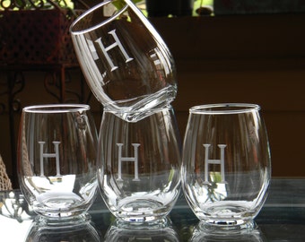 Personalized Stemless Wine Glass Tumblers Engraved with Initials  -  Birthday. New Home. Engagement