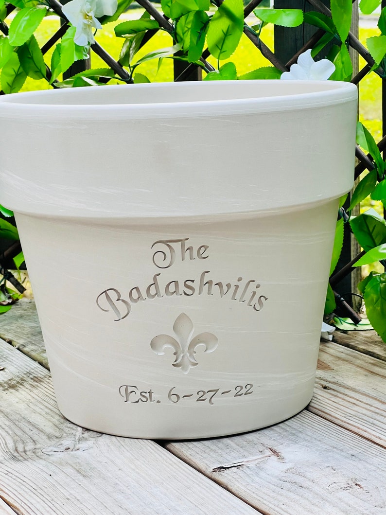 Engraved Custom Carved Fleur de Lis Terra Cotta Flower Pot | Planter | White Granite Marble, Red, or Basalt Clay