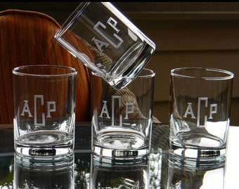 Hand-Cut Monogram Whiskey Glasses: Engraved Bourbon Scotch Barware