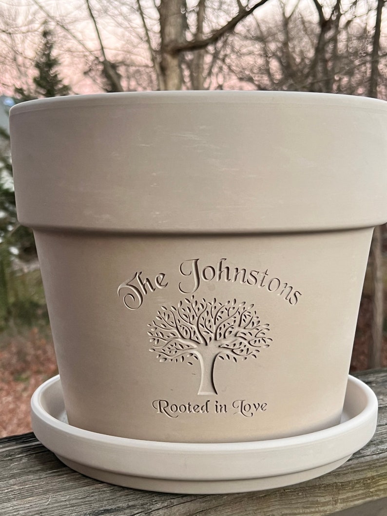Rooted in Love Engraved Custom Carved Terra Cotta Flower Pot Planter White Granite Marble, Red, or Basalt Clay Tree of Life image 2