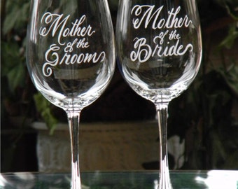 Hand Engraved Mother of the Bride and Groom Wine Glasses Personalized with your wedding date, Set of 2