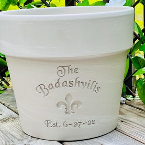 Engraved Custom Carved Fleur de Lis Terra Cotta Flower Pot | Planter | White Granite Marble or Terracotta