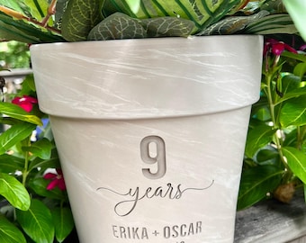 Anniversary Gift | Deep Etched Custom Clay Flower Pot | Engraved Flowerpot | Terra cotta Planter | White Granite Marble Clay