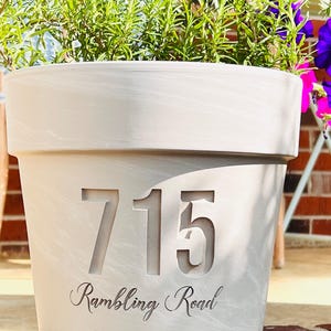 Street Address Deep Etched | Carved Clay Engraved Flower Pot | Gift for New Home | White Granite Marble Clay | Housewarming | Realtor Gift