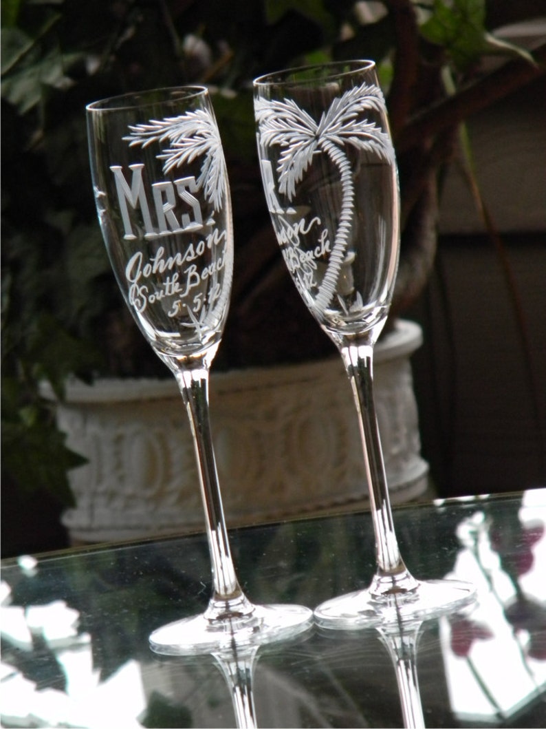 Beach Theme Destination Wedding Champagne Flutes. MR and MRS, palm tree and any location. South Beach, Key West, Cancun, Set of 2 image 1