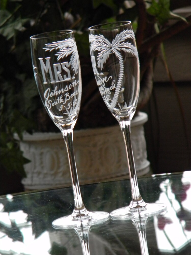 Hand Cut Mr. and Mrs. Beach Destination Wedding Champagne Flute