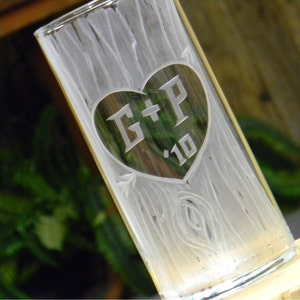 Carved Tree Trunk Glass Vase with Heart and Initials. Anniversary. New Home. Wedding. Engagement image 4