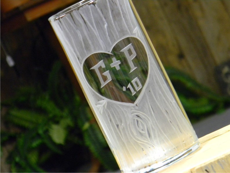 Carved Tree Trunk Glass Vase with Heart and Initials. Anniversary. New Home. Wedding. Engagement image 4