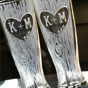 Anniversary Pilsner Glasses Personalized with Carved Tree, Heart, Initials and Date Set of 2 image 3