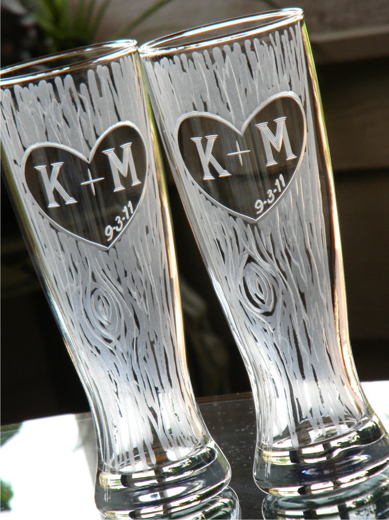 Anniversary Pilsner Glasses Personalized with Carved Tree, Heart, Initials and Date Set of 2 image 3