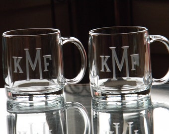 Monogrammed Glass 13 oz Coffee Mug | Hand Engraved with custom initials | Microwave safe |  Hot or Cold Glass Mug