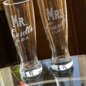 MR & MRS Hand Engraved Pilsner Beer Glasses with Last Name. Wedding Gift. Gift for Couple. Anniversary. Bride Groom Toasting Glasses image 1