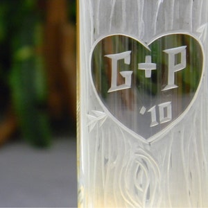 Carved Tree Trunk Glass Vase with Heart and Initials. Anniversary. New Home. Wedding. Engagement image 3