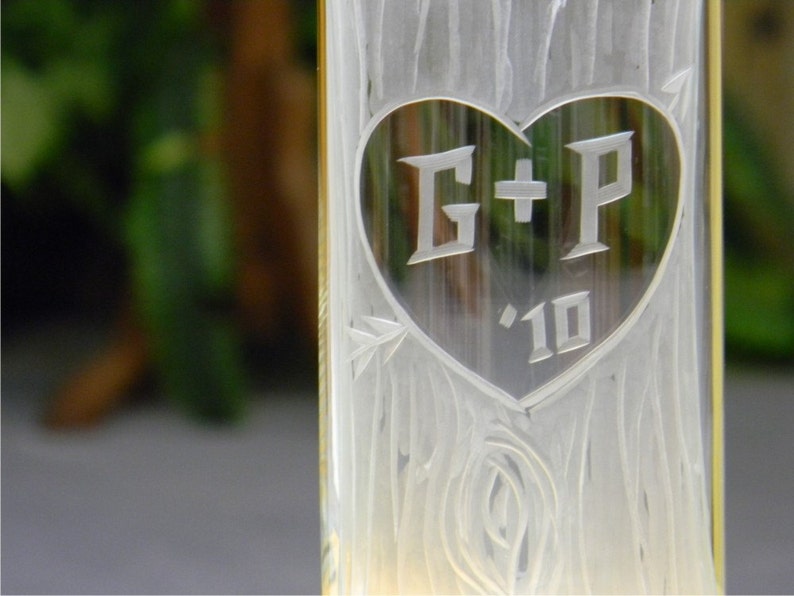 Carved Tree Trunk Glass Vase with Heart and Initials. Anniversary. New Home. Wedding. Engagement image 3