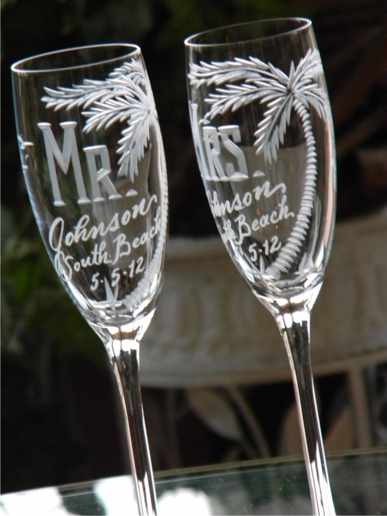 Beach Theme Destination Wedding Champagne Flutes. MR and MRS, palm tree and any location. South Beach, Key West, Cancun, Set of 2 image 3