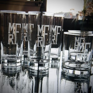 Highball and Double Old Fashion Rocks Tumbler Beverage Glass Set Engraved with Monogram
