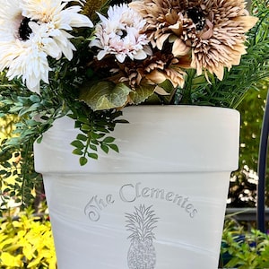 Engraved Custom Carved Terra Cotta Flower Pot | Pineapple Etched in flowerpot with family name personalized