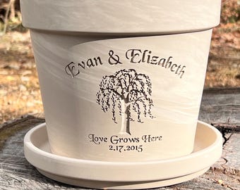 9th Anniversary Willow Tree Gift  | Engraved Custom Carved Terra Cotta Flower Pot | Planter |  White Granite Marble Clay or Terracotta